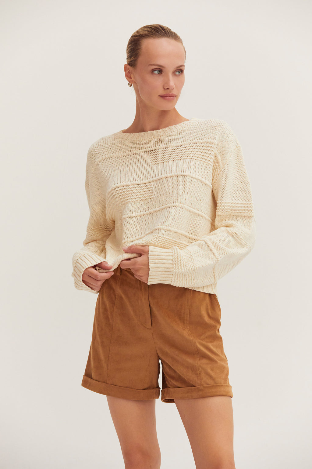 Pull en maille texturé à rayures, col bateau, manches longues, coupe décontractée