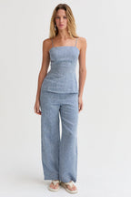 Pantalon large en lin pour femme avec plis sur le devant et poches latérales