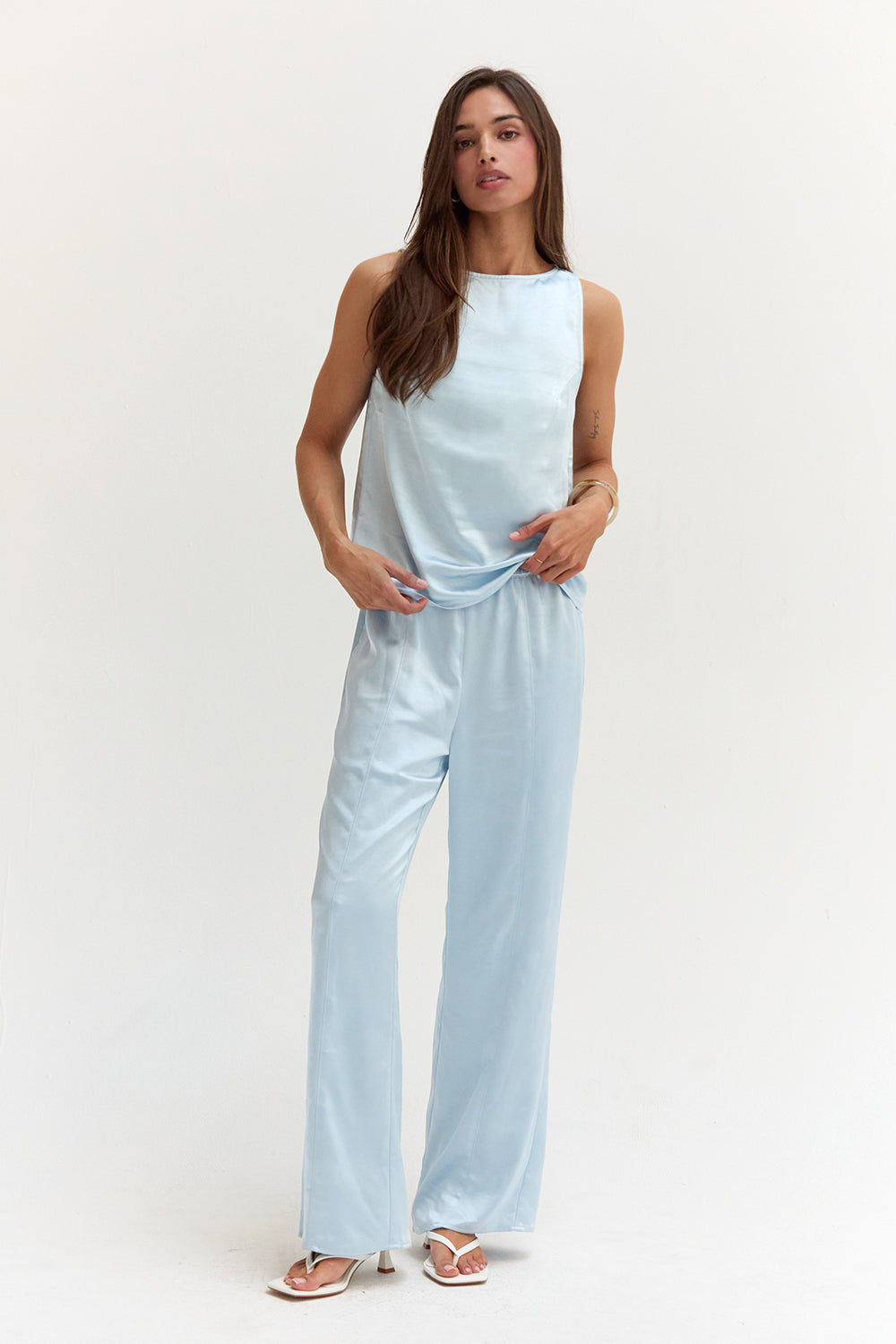 Pantalon en satin à enfiler Coupe droite décontractée Taille élastique Femme