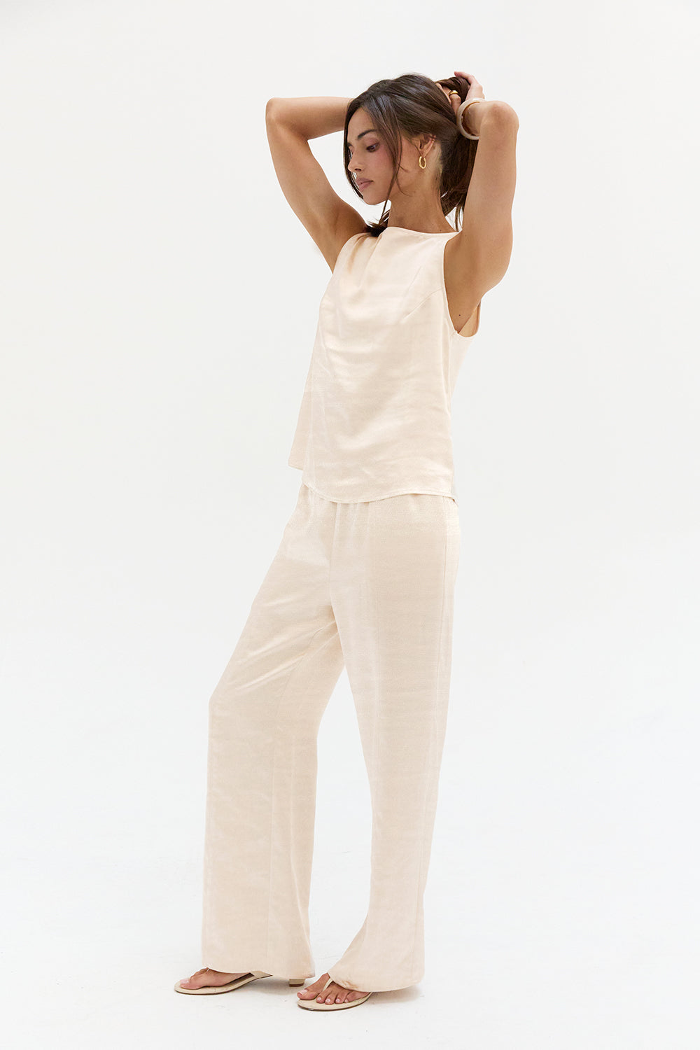 Pantalon en satin à enfiler Coupe droite décontractée Taille élastique Femme