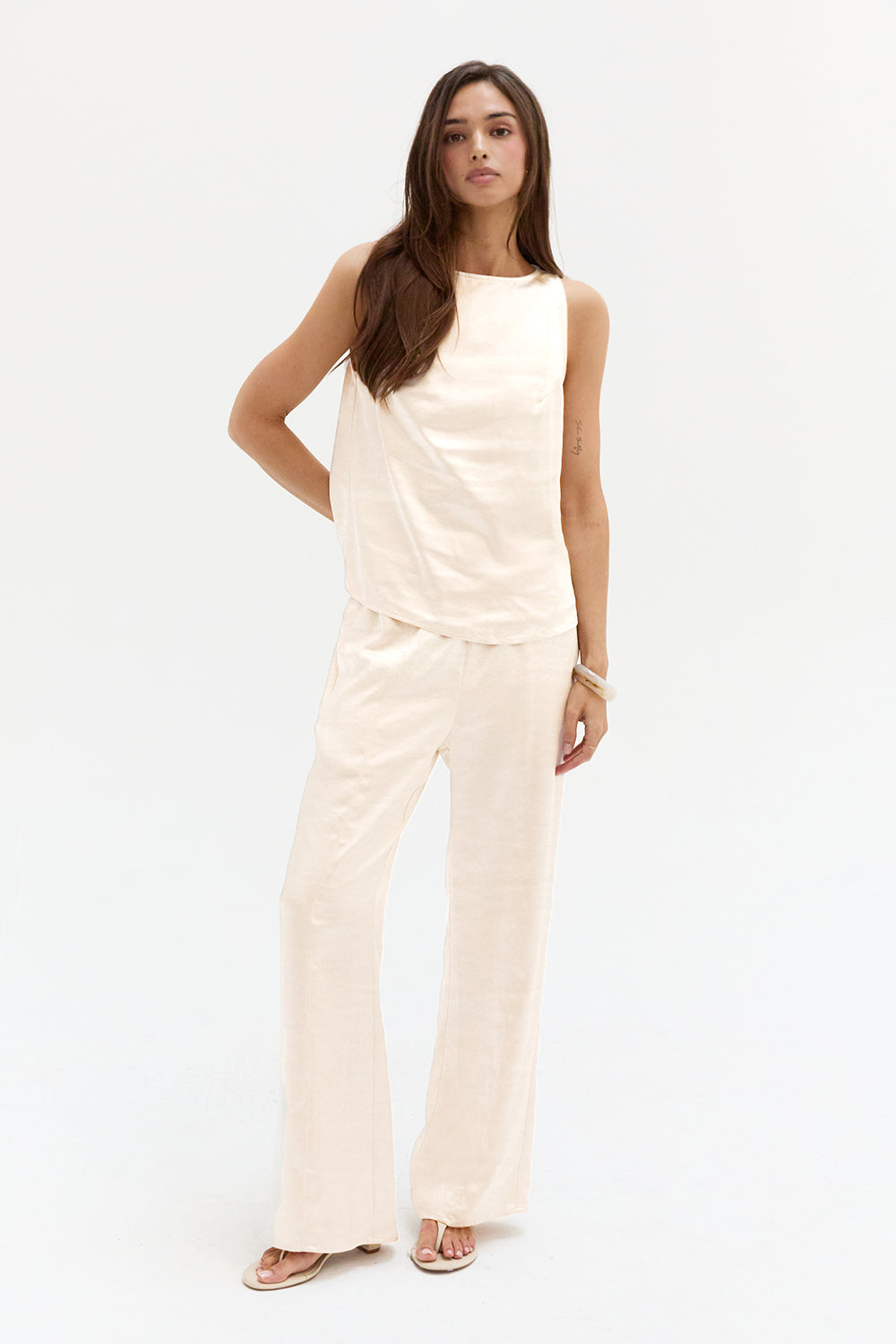 Pantalon en satin à enfiler Coupe droite décontractée Taille élastique Femme