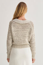 Pull en tricot chiné à col polo et encolure en V, manches longues et coupe décontractée