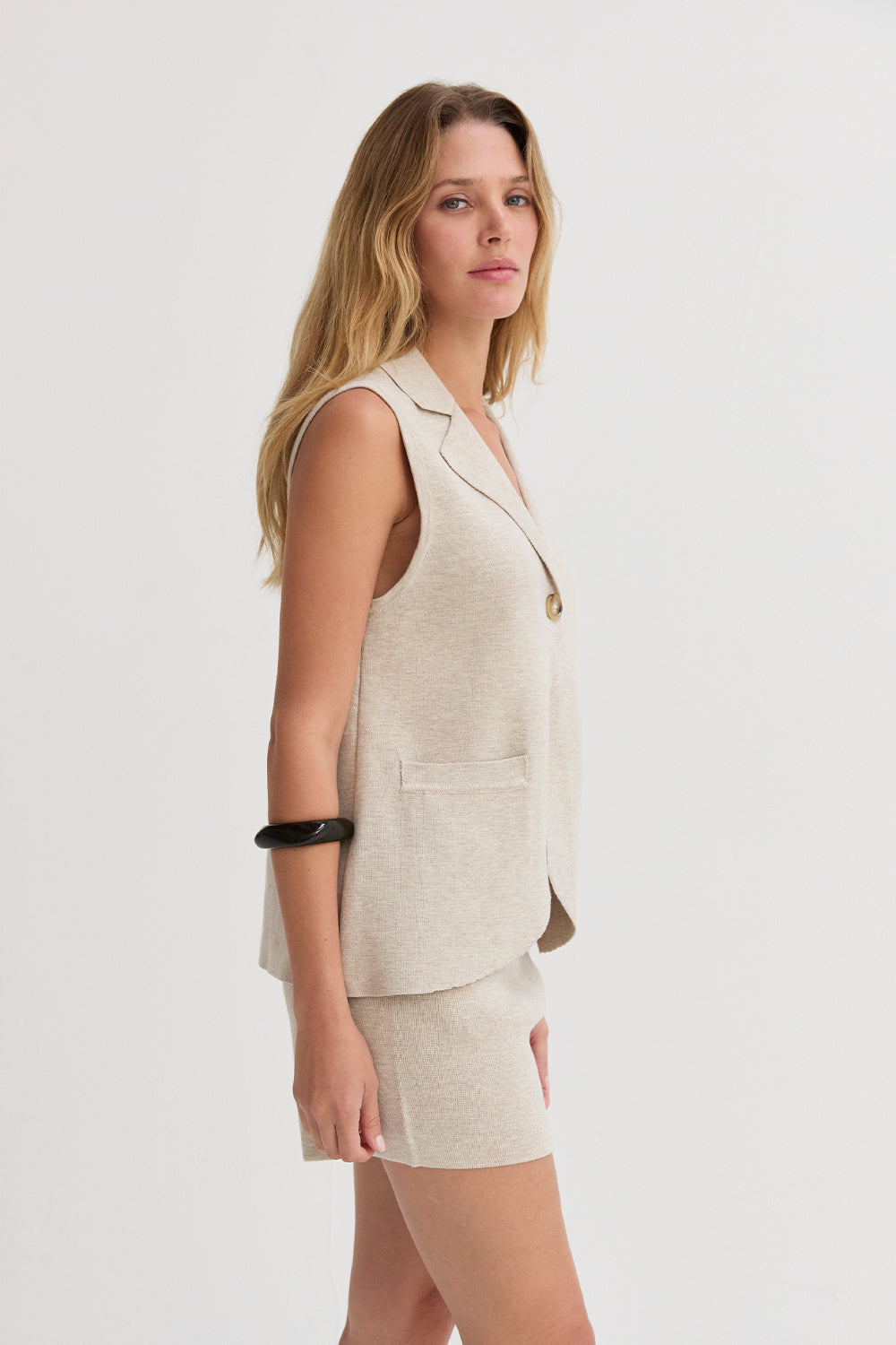 Ensemble gilet et short en maille jacquard, coloris avoine